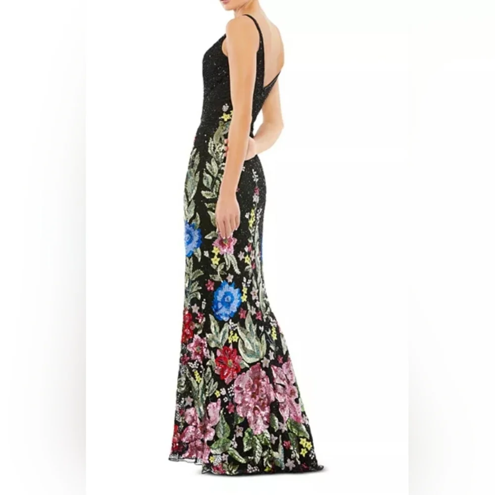 NWT MAC DUGGAL Floral Embellished Spaghetti Strap Gown Black Size 14 - Picture 2 of 12